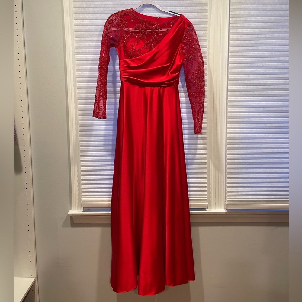 Modest long red dress with arms and front covered in beautiful lace.Special made